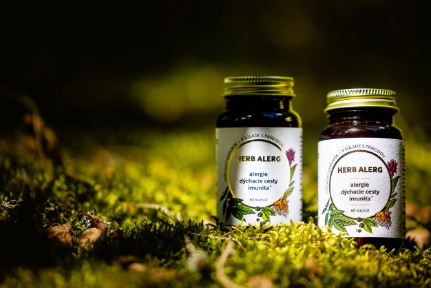 masticha herb alerg, prírodný produkt na liečbu alergií je položený v lese na zelenom machu pri strome.