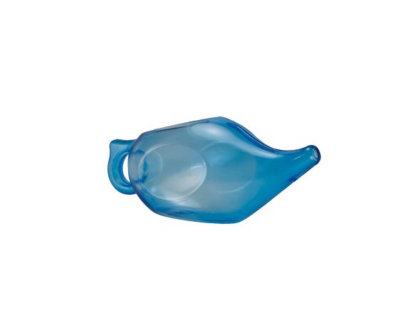 plastová konvička na preplach nosa modrej farby