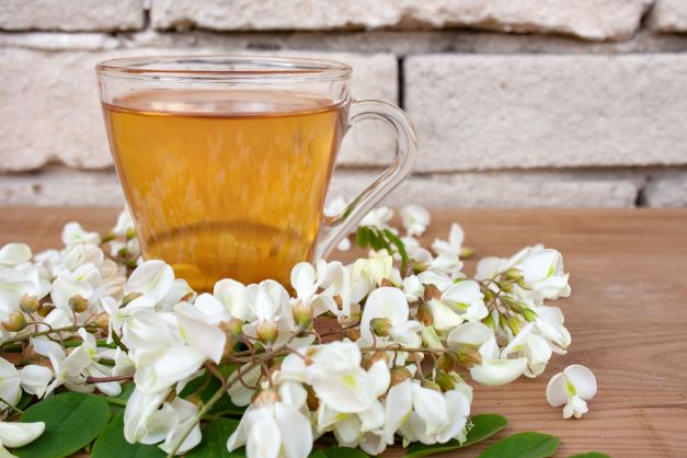 Čaj z bielych kvetov agátu servírovaný v sklenenej šálke na drevenom stole, okolo šálky s čajom sú položené biely kvety agátu.
