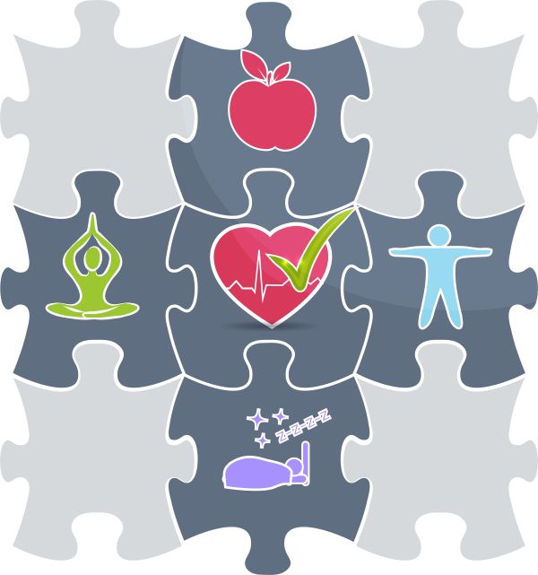 Zdravý životný štýl. Puzzle s obrázkami čo všetko môže ovplyvniť zdravie. Spánok, zdravá strava, pohyb. Masticha skúsenosti
